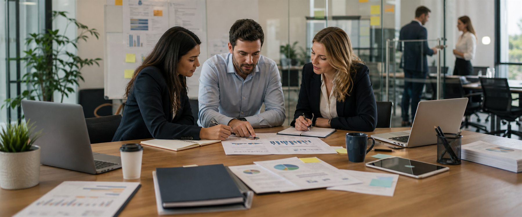 Business consultants reviewing planning documents in a professional office meeting