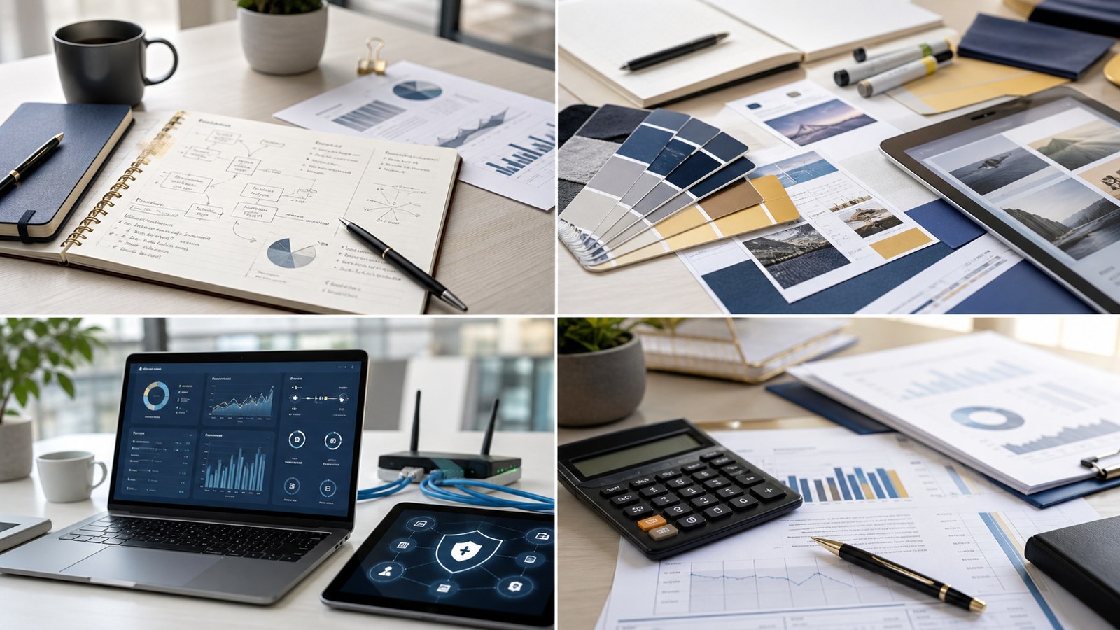 Business planning documents, charts, and professional collaboration